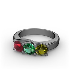 Vela Tria Yüzük - Kök yakut, yeşil kuvars ve peridot 925 ayar siyah rodyum kaplama gümüş yüzük #13ihq7b