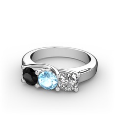 Vela Tria Yüzük - Siyah zirkon, akuamarin ve pırlanta 8 ayar beyaz altın yüzük (0.5 karat) #13swjnp