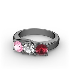 Vela Tria Yüzük - Pembe kuvars, swarovski ve kök yakut 925 ayar siyah rodyum kaplama gümüş yüzük #13xq37g