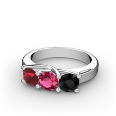 Vela Tria Yüzük - Kök yakut, rodolit garnet ve siyah zirkon 18 ayar beyaz altın yüzük #14734m6