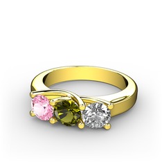 Vela Tria Yüzük - Pembe kuvars, peridot ve beyaz zirkon 14 ayar altın yüzük #14k29ek