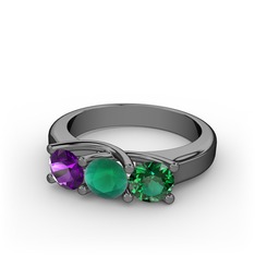 Vela Tria Yüzük - Ametist, kök zümrüt ve yeşil kuvars 925 ayar siyah rodyum kaplama gümüş yüzük #14mol35