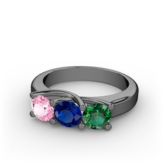 Vela Tria Yüzük - Pembe kuvars, lab safir ve yeşil kuvars 925 ayar siyah rodyum kaplama gümüş yüzük #15ykbes