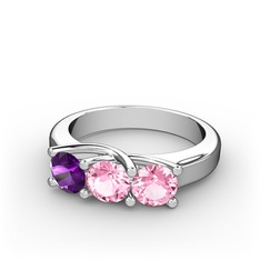 Vela Tria Yüzük - Ametist ve pembe kuvars 8 ayar beyaz altın yüzük #165im96