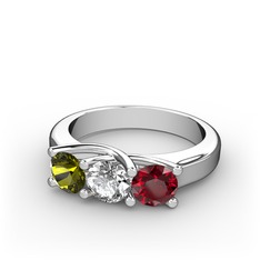Peridot, beyaz zirkon ve garnet 8 ayar beyaz altın yüzük