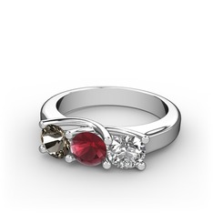 Vela Tria Yüzük - Dumanlı kuvars, kök yakut ve beyaz zirkon 8 ayar beyaz altın yüzük #18sirm9