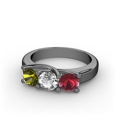 Peridot, pırlanta ve kök yakut 925 ayar siyah rodyum kaplama gümüş yüzük (0.5 karat)