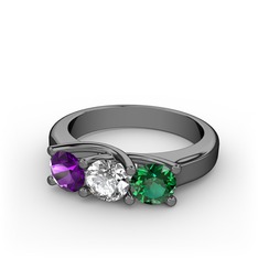 Vela Tria Yüzük - Ametist, beyaz zirkon ve yeşil kuvars 925 ayar siyah rodyum kaplama gümüş yüzük #1ah8k2a