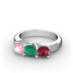 Vela Tria Yüzük - Pembe kuvars, kök zümrüt ve kök yakut 18 ayar beyaz altın yüzük #1dnnofy