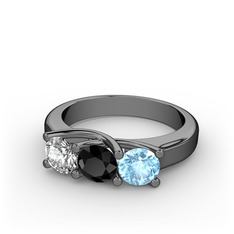 Vela Tria Yüzük - Pırlanta, siyah zirkon ve akuamarin 925 ayar siyah rodyum kaplama gümüş yüzük (0.5 karat) #1ecu10u