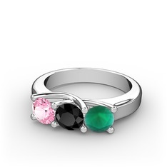 Vela Tria Yüzük - Pembe kuvars, siyah zirkon ve kök zümrüt 8 ayar beyaz altın yüzük #1fgdeli