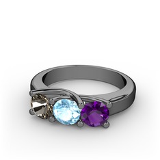 Vela Tria Yüzük - Dumanlı kuvars, akuamarin ve ametist 925 ayar siyah rodyum kaplama gümüş yüzük #1fh7f2x