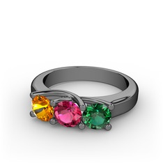 Vela Tria Yüzük - Sitrin, rodolit garnet ve yeşil kuvars 925 ayar siyah rodyum kaplama gümüş yüzük #1fshc0k