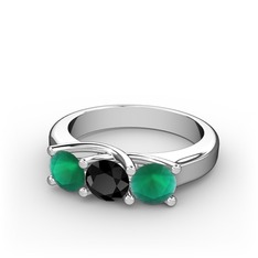 Vela Tria Yüzük - Kök zümrüt ve siyah zirkon 8 ayar beyaz altın yüzük #1fuk8cr