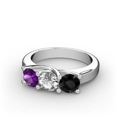 Vela Tria Yüzük - Ametist, swarovski ve siyah zirkon 14 ayar beyaz altın yüzük #1g3g417