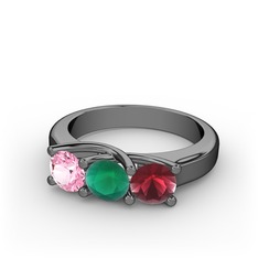 Vela Tria Yüzük - Pembe kuvars, kök zümrüt ve kök yakut 925 ayar siyah rodyum kaplama gümüş yüzük #1g7lt8s