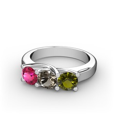 Vela Tria Yüzük - Rodolit garnet, dumanlı kuvars ve peridot 18 ayar beyaz altın yüzük #1h9wlxb