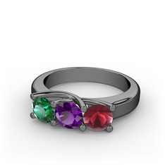 Vela Tria Yüzük - Yeşil kuvars, ametist ve kök yakut 925 ayar siyah rodyum kaplama gümüş yüzük #1hmanjc