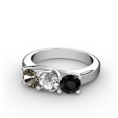 Dumanlı kuvars, swarovski ve siyah zirkon 18 ayar beyaz altın yüzük