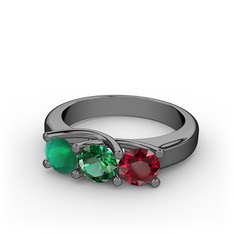 Vela Tria Yüzük - Kök zümrüt, yeşil kuvars ve garnet 925 ayar siyah rodyum kaplama gümüş yüzük #1jaut73