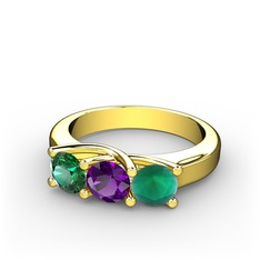 Vela Tria Yüzük - Yeşil kuvars, ametist ve kök zümrüt 18 ayar altın yüzük #1jfkuo