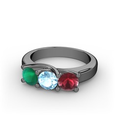 Vela Tria Yüzük - Kök zümrüt, akuamarin ve kök yakut 925 ayar siyah rodyum kaplama gümüş yüzük #1jukknl