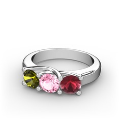 Vela Tria Yüzük - Peridot, pembe kuvars ve kök yakut 18 ayar beyaz altın yüzük #1ken320