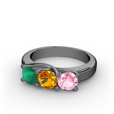 Vela Tria Yüzük - Kök zümrüt, sitrin ve pembe kuvars 925 ayar siyah rodyum kaplama gümüş yüzük #1kl5lhj