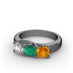 Swarovski, kök zümrüt ve sitrin 925 ayar siyah rodyum kaplama gümüş yüzük