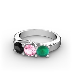 Vela Tria Yüzük - Siyah zirkon, pembe kuvars ve kök zümrüt 8 ayar beyaz altın yüzük #1l6n6ql