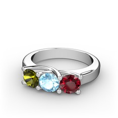 Peridot, akuamarin ve garnet 14 ayar beyaz altın yüzük