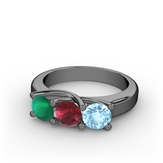 Vela Tria Yüzük - Kök zümrüt, kök yakut ve akuamarin 925 ayar siyah rodyum kaplama gümüş yüzük #1lzfdq9