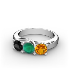Vela Tria Yüzük - Siyah zirkon, kök zümrüt ve sitrin 14 ayar beyaz altın yüzük #1ndjsf4