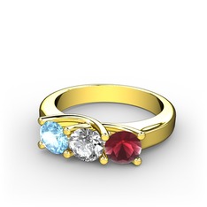 Akuamarin, swarovski ve kök yakut 8 ayar altın yüzük