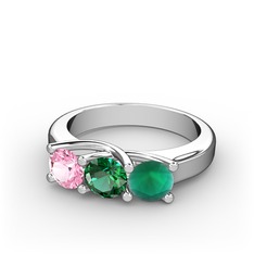 Vela Tria Yüzük - Pembe kuvars, yeşil kuvars ve kök zümrüt 14 ayar beyaz altın yüzük #1p041c8
