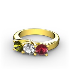 Peridot, swarovski ve kök yakut 8 ayar altın yüzük