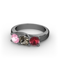 Vela Tria Yüzük - Pembe kuvars, dumanlı kuvars ve kök yakut 925 ayar siyah rodyum kaplama gümüş yüzük #1p9z02c