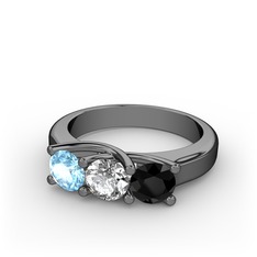 Vela Tria Yüzük - Akuamarin, swarovski ve siyah zirkon 925 ayar siyah rodyum kaplama gümüş yüzük #1q6z796