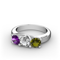 Vela Tria Yüzük - Ametist, pırlanta ve peridot 8 ayar beyaz altın yüzük (0.5 karat) #1qbg51f