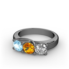 Vela Tria Yüzük - Akuamarin, sitrin ve swarovski 925 ayar siyah rodyum kaplama gümüş yüzük #1qzbmeh