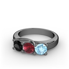 Vela Tria Yüzük - Siyah zirkon, kök yakut ve akuamarin 925 ayar siyah rodyum kaplama gümüş yüzük #1r1nvl3