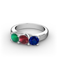 Vela Tria Yüzük - Kök zümrüt, kök yakut ve lab safir 8 ayar beyaz altın yüzük #1r3k708