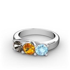 Dumanlı kuvars, sitrin ve akuamarin 14 ayar beyaz altın yüzük