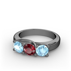 Akuamarin ve garnet 925 ayar siyah rodyum kaplama gümüş yüzük