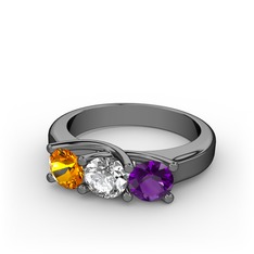 Vela Tria Yüzük - Sitrin, beyaz zirkon ve ametist 925 ayar siyah rodyum kaplama gümüş yüzük #1sc6mr0