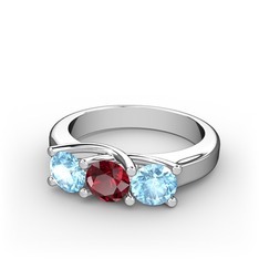 Akuamarin ve garnet 18 ayar beyaz altın yüzük