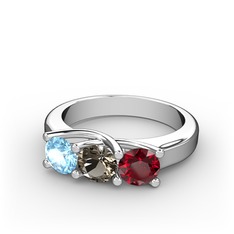 Akuamarin, dumanlı kuvars ve garnet 14 ayar beyaz altın yüzük