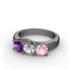 Vela Tria Yüzük - Ametist, beyaz zirkon ve pembe kuvars 925 ayar siyah rodyum kaplama gümüş yüzük #1xt17b3