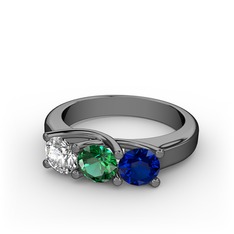 Vela Tria Yüzük - Beyaz zirkon, yeşil kuvars ve lab safir 925 ayar siyah rodyum kaplama gümüş yüzük #2l48us