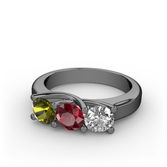 Vela Tria Yüzük - Peridot, garnet ve beyaz zirkon 925 ayar siyah rodyum kaplama gümüş yüzük #3lbkr5